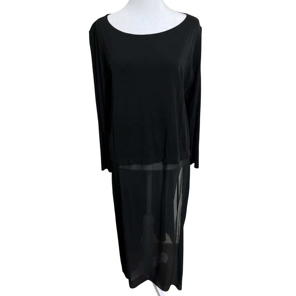 Eileen Fisher Black Mixed Media Sheer Hem Long Sleeve Midi Dress Womens XL